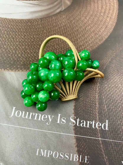 Vintage Baroque Grape Basket Brooch – Gold-Plated Brass with Natural Amethyst