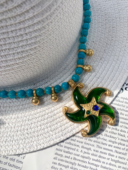 Vintage Heavy Craft Gold-Plated Brass Turquoise Beaded Necklace with Green Glass Starfish Pendant