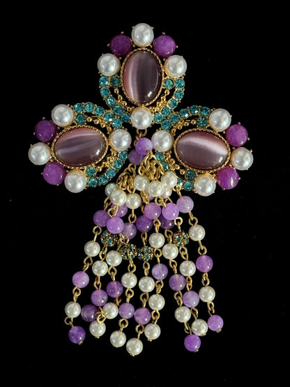 Regal Vintage Heavy Duty Gold Plated Copper Tassel Brooch - Set with Purple Cat's Eye Stone & Glass Pearls, Royal Statement Pin