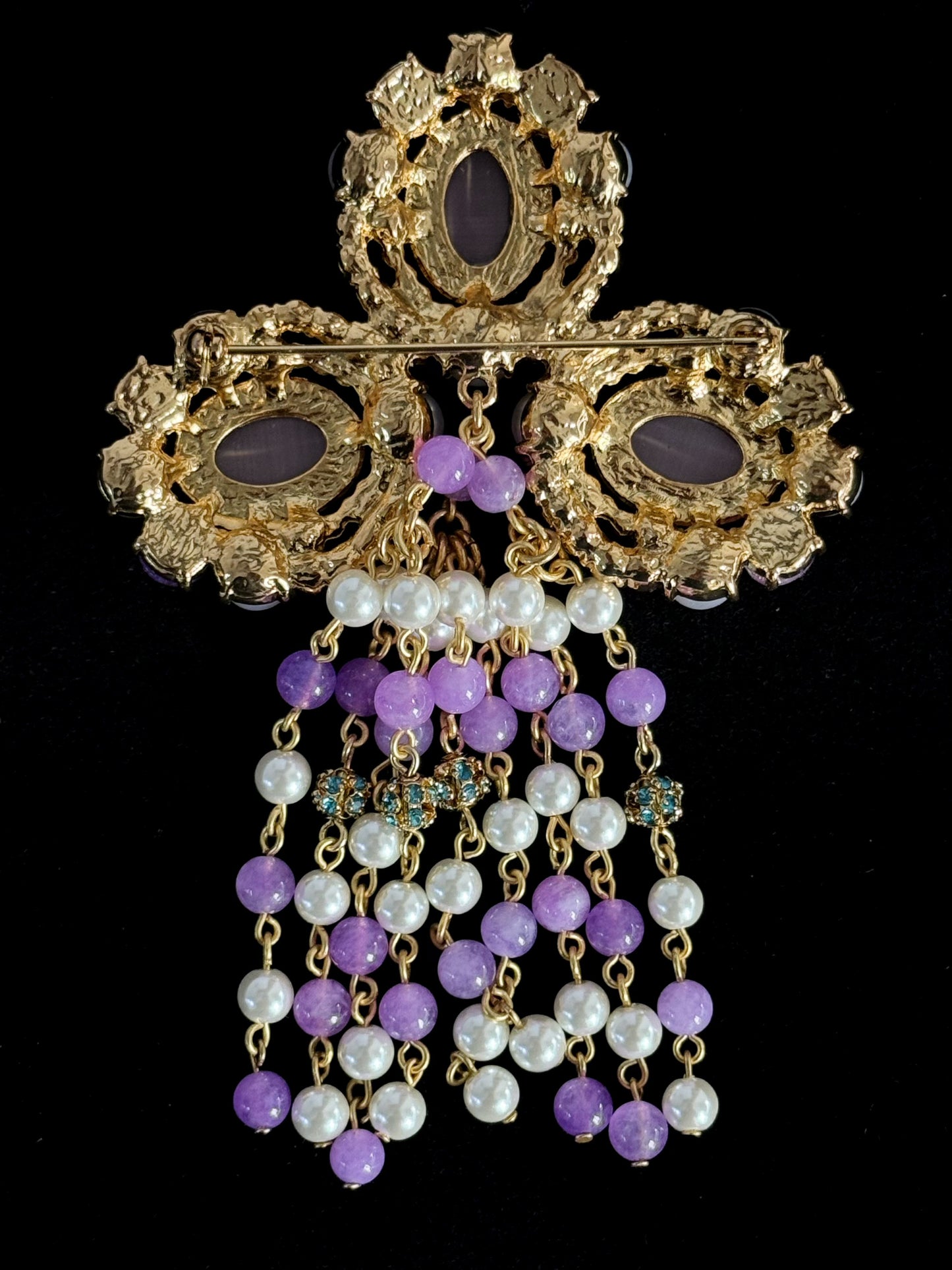 Regal Vintage Heavy Duty Gold Plated Copper Tassel Brooch - Set with Purple Cat's Eye Stone & Glass Pearls, Royal Statement Pin
