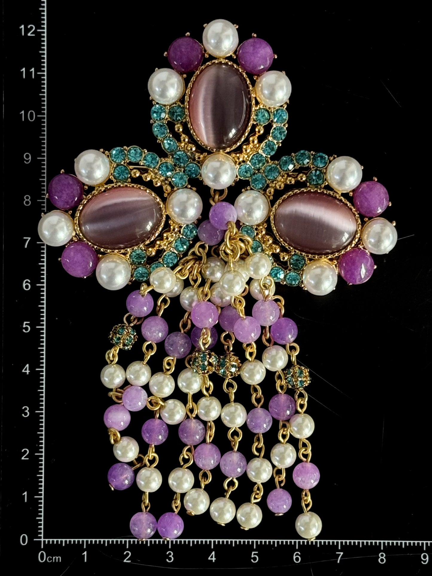 Regal Vintage Heavy Duty Gold Plated Copper Tassel Brooch - Set with Purple Cat's Eye Stone & Glass Pearls, Royal Statement Pin