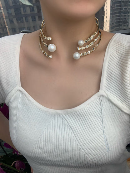 Vintage Gold-Plated Copper Multi-Layer Pearl and Crystal Choker Necklace