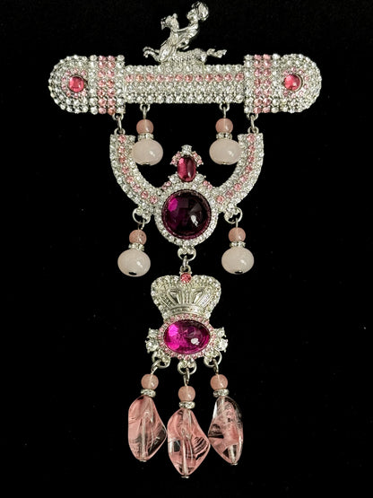 Vintage Heavy-Duty Gold Plated Copper Statement Brooch with Pink Rhinestones and Elegant Tassel – Bold Glamour Pin