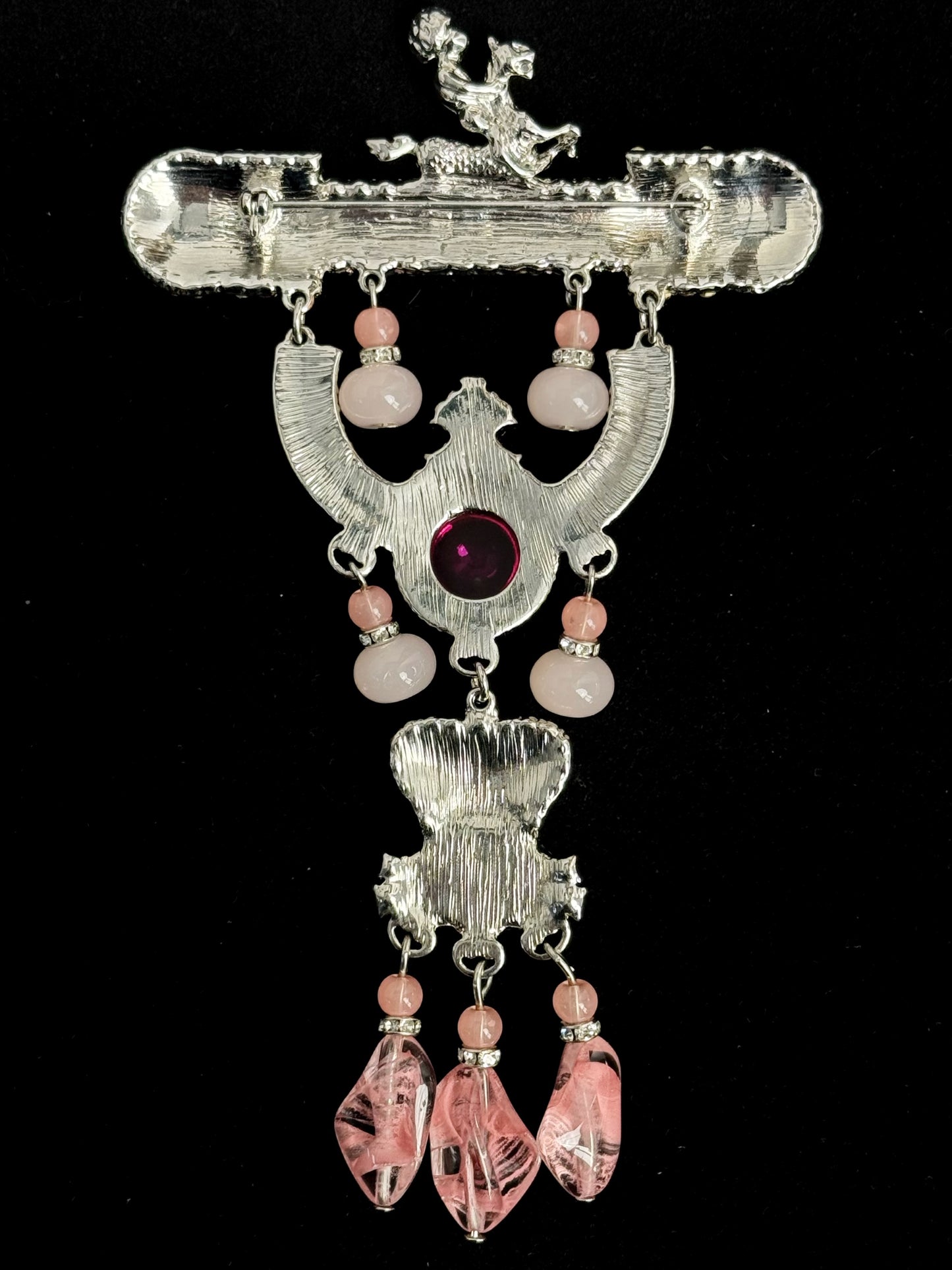 Vintage Heavy-Duty Gold Plated Copper Statement Brooch with Pink Rhinestones and Elegant Tassel – Bold Glamour Pin