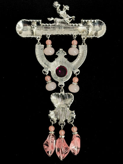 Vintage Heavy-Duty Gold Plated Copper Statement Brooch with Pink Rhinestones and Elegant Tassel – Bold Glamour Pin