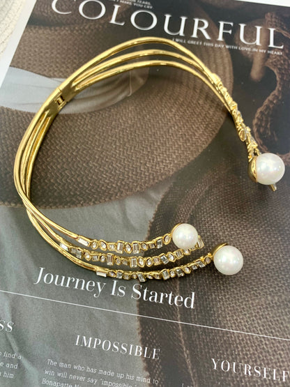 Vintage Gold-Plated Copper Multi-Layer Pearl and Crystal Choker Necklace