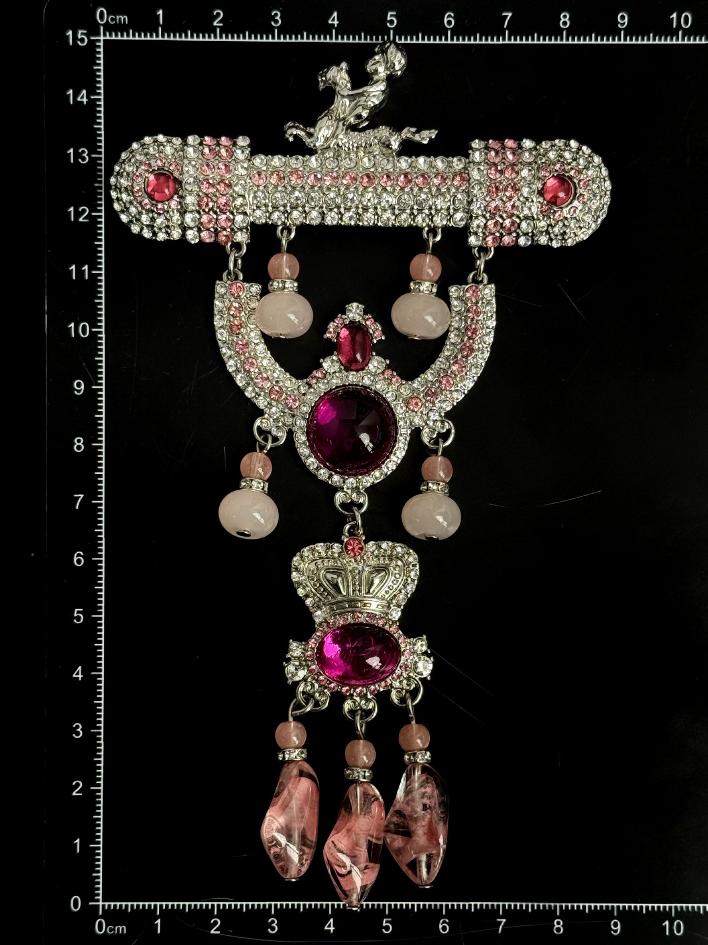 Vintage Heavy-Duty Gold Plated Copper Statement Brooch with Pink Rhinestones and Elegant Tassel – Bold Glamour Pin