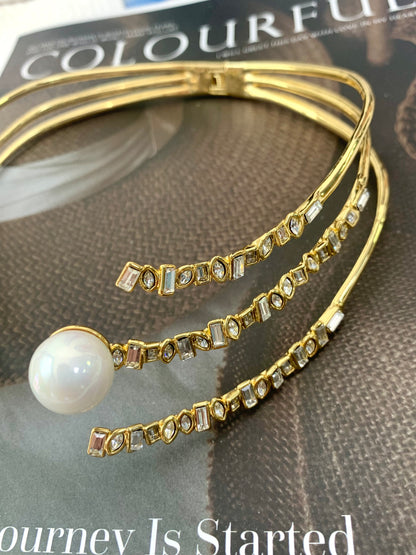 Vintage Gold-Plated Copper Multi-Layer Pearl and Crystal Choker Necklace