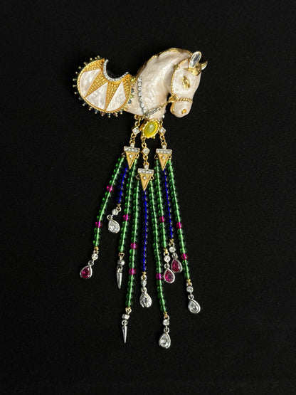 Vintage Heavy-Duty Gold Plated Copper Brooch with Enamel White Horse & Luxe Tassel – Equestrian Glam Statement Pin