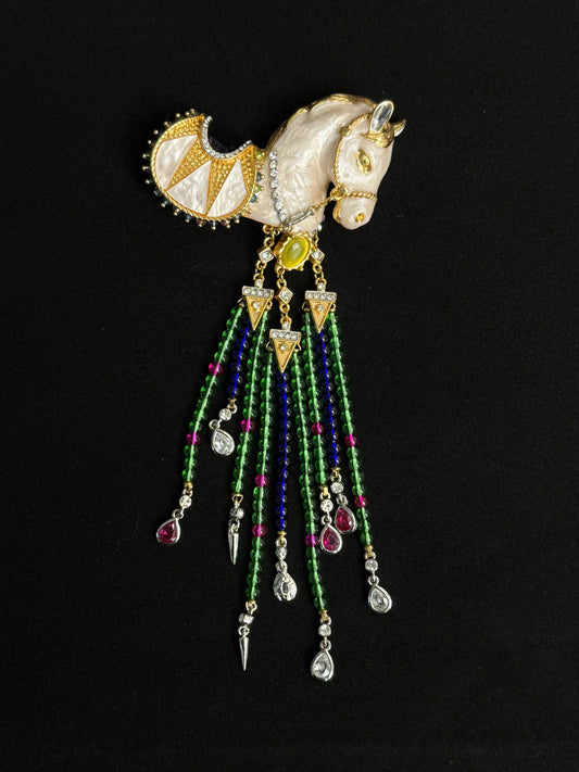 Vintage Heavy-Duty Gold Plated Copper Brooch with Enamel White Horse & Luxe Tassel – Equestrian Glam Statement Pin