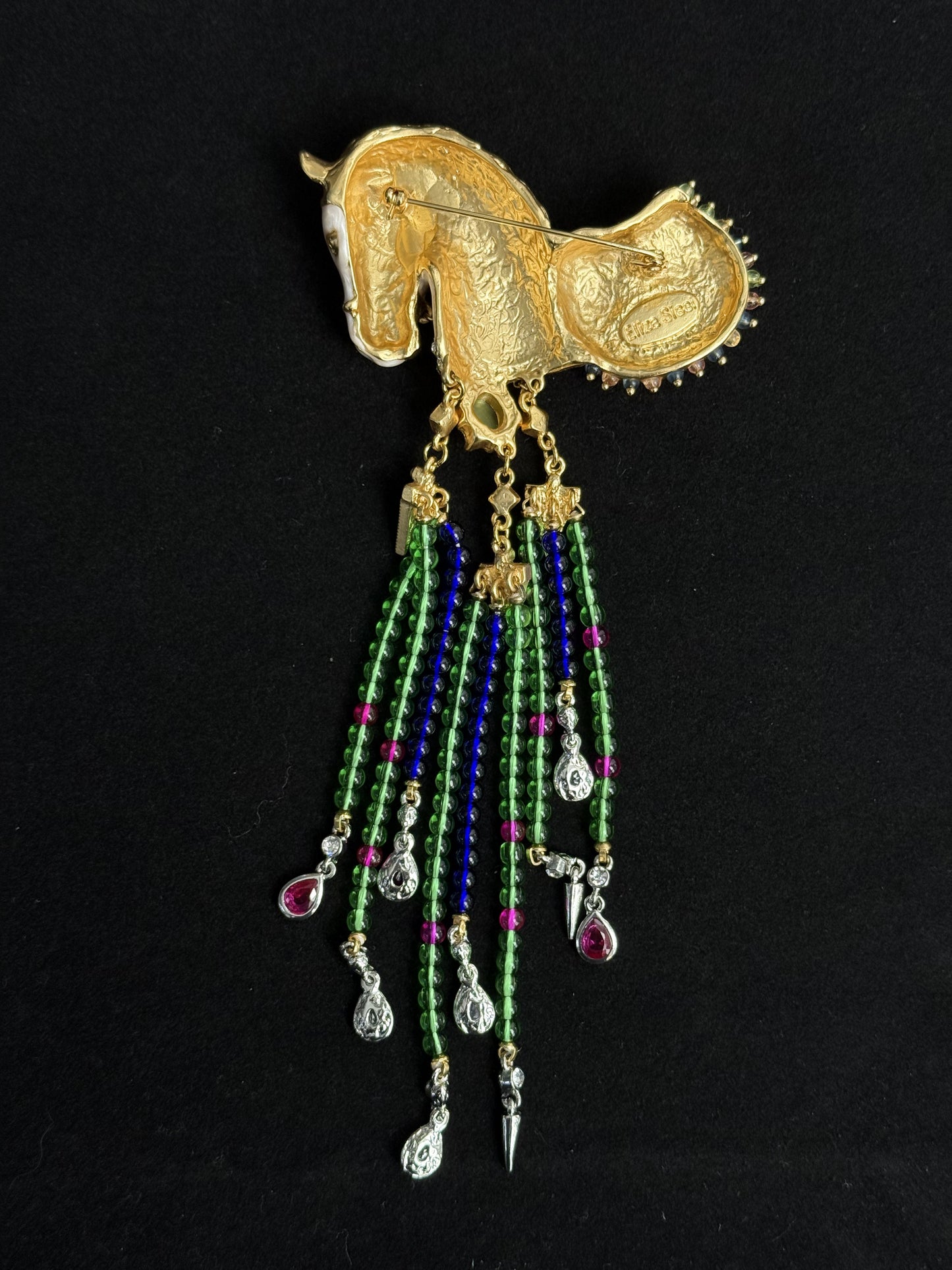 Vintage Heavy-Duty Gold Plated Copper Brooch with Enamel White Horse & Luxe Tassel – Equestrian Glam Statement Pin