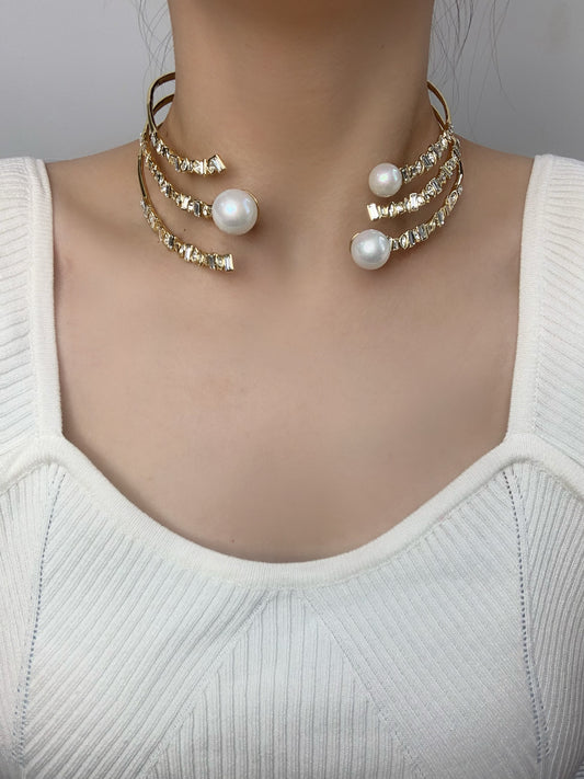 Vintage Gold-Plated Copper Multi-Layer Pearl and Crystal Choker Necklace