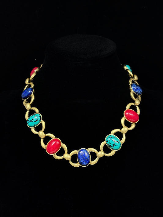 Vintage Light Luxury Copper Alloy Cuban Chain with Natural Color Stones