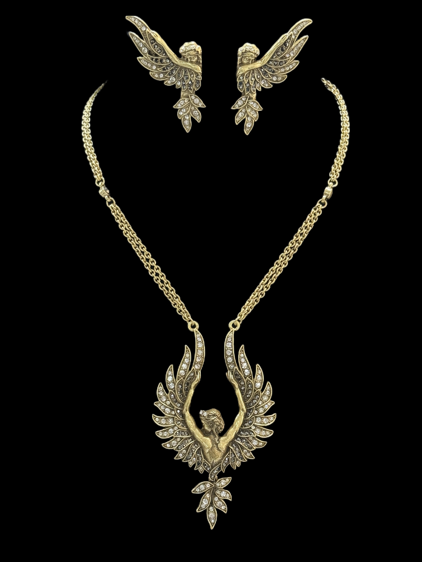 Vintage Gold-Plated Brass Full Paved Czech Rhinestone Angel Wings Earrings & Necklace Set