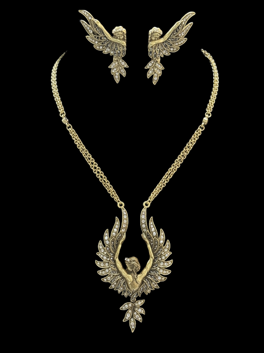 Vintage Gold-Plated Brass Full Paved Czech Rhinestone Angel Wings Earrings & Necklace Set