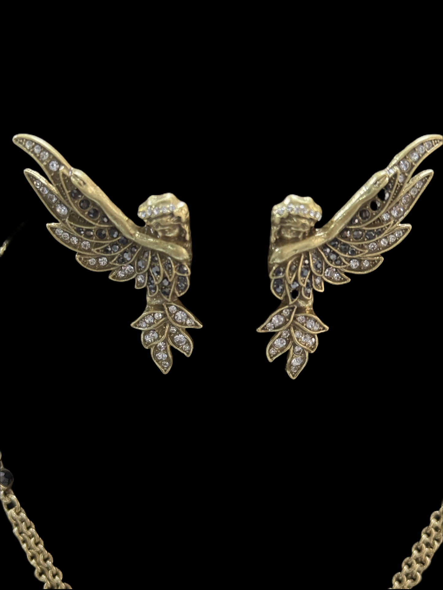 Vintage Gold-Plated Brass Full Paved Czech Rhinestone Angel Wings Earrings & Necklace Set