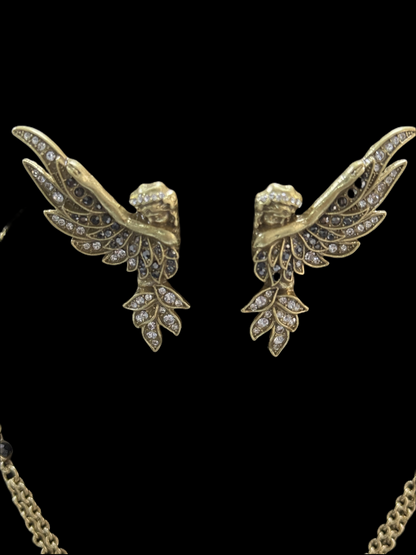 Vintage Gold-Plated Brass Full Paved Czech Rhinestone Angel Wings Earrings & Necklace Set