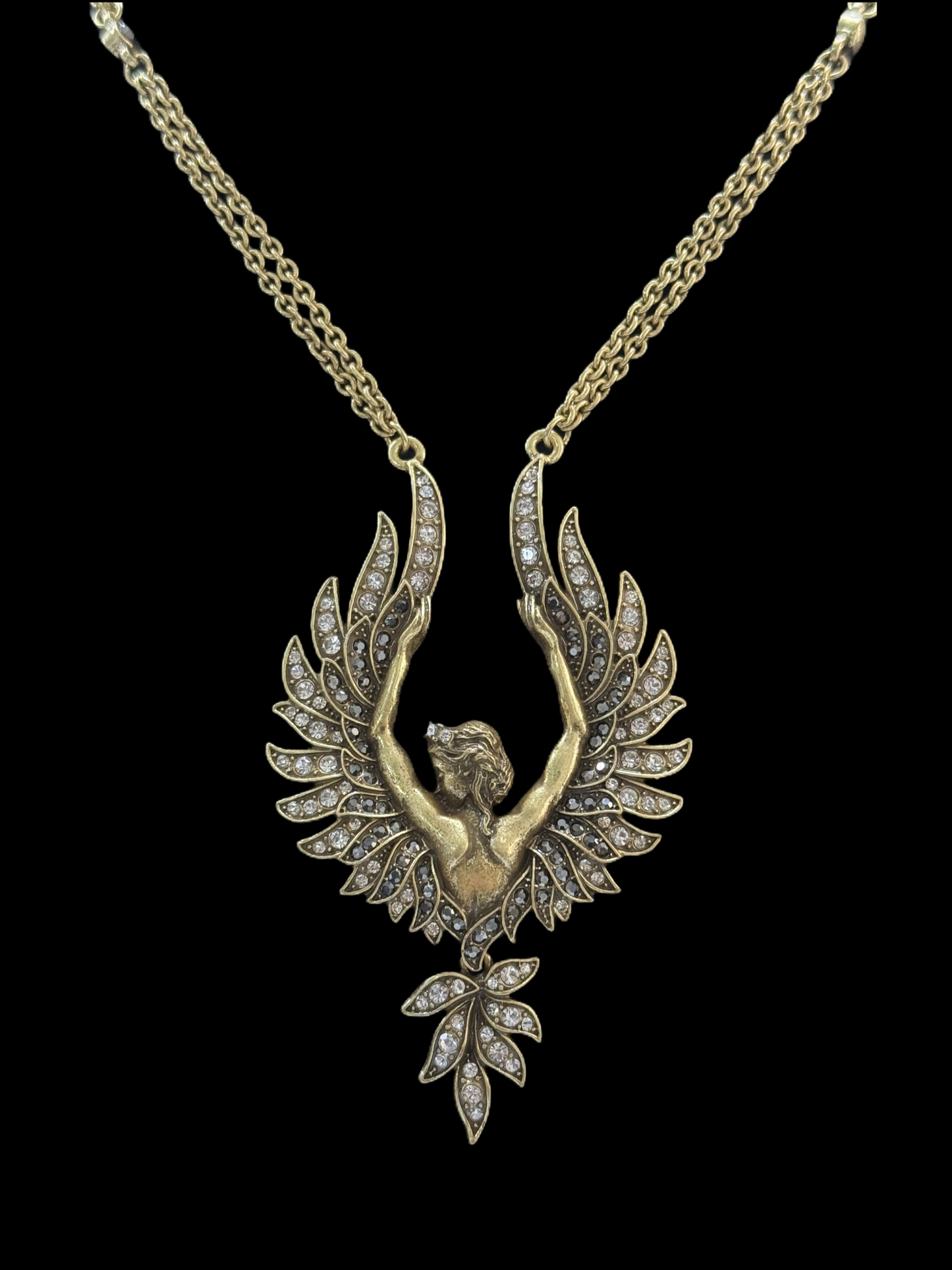 Vintage Gold-Plated Brass Full Paved Czech Rhinestone Angel Wings Earrings & Necklace Set