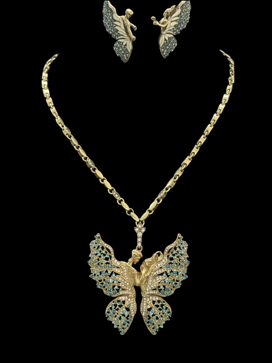 Vintage Heavy Craft Gold-Plated Brass Butterfly Fairy Angel’s Kiss Earrings & Necklace Set
