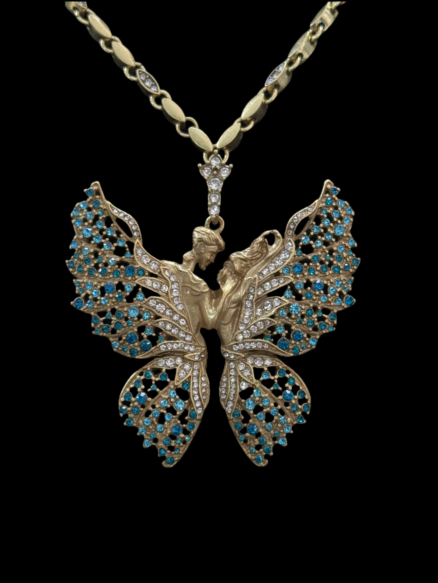 Vintage Heavy Craft Gold-Plated Brass Butterfly Fairy Angel’s Kiss Earrings & Necklace Set