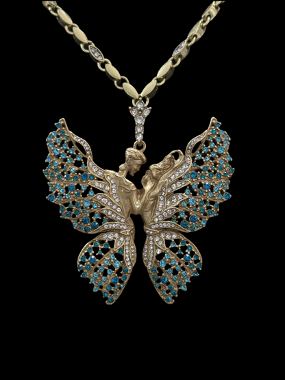 Vintage Heavy Craft Gold-Plated Brass Butterfly Fairy Angel’s Kiss Earrings & Necklace Set