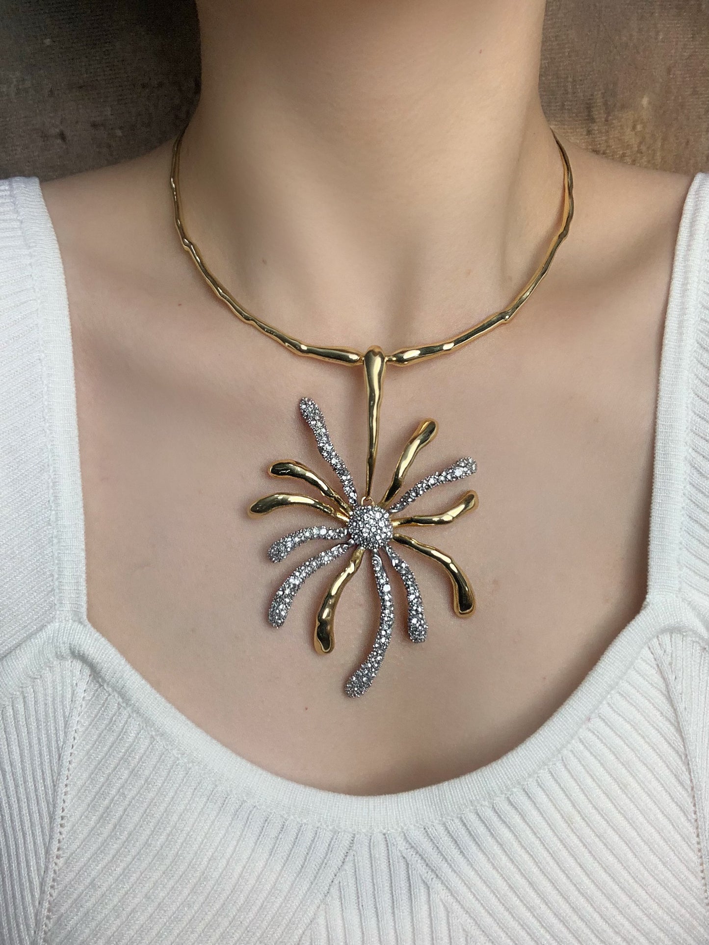 Vintage Sunflower Choker Necklace, Fully Set with Crystals - Daring Enamel Art