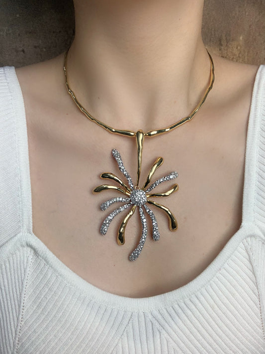 Vintage Sunflower Choker Necklace, Fully Set with Crystals - Daring Enamel Art