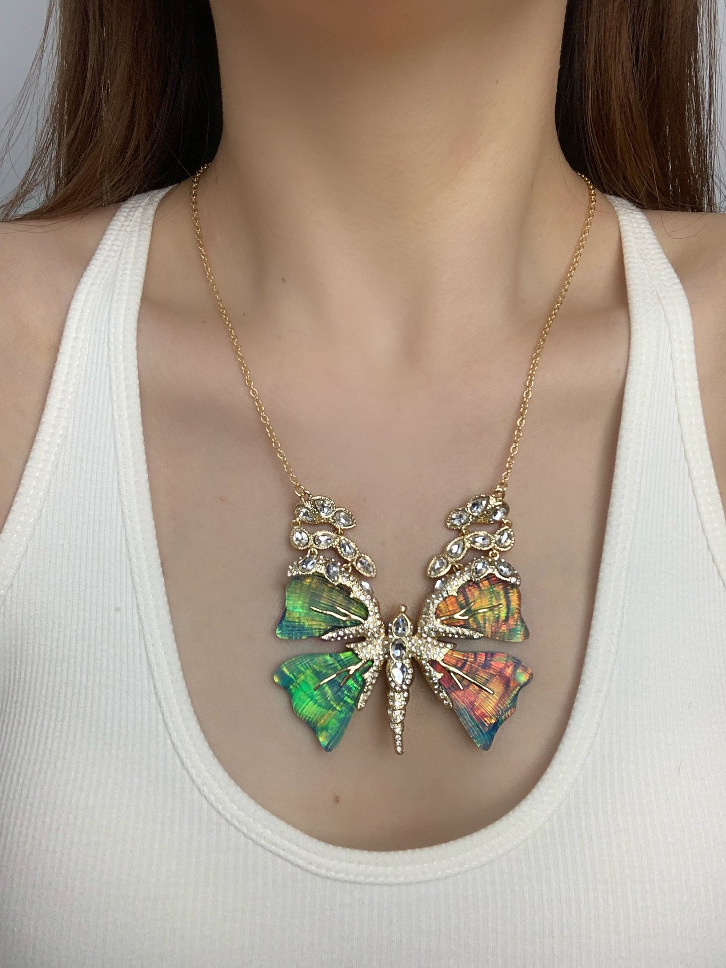 Vintage Niche Design Iridescent Butterfly Necklace in Gold-Plated Copper
