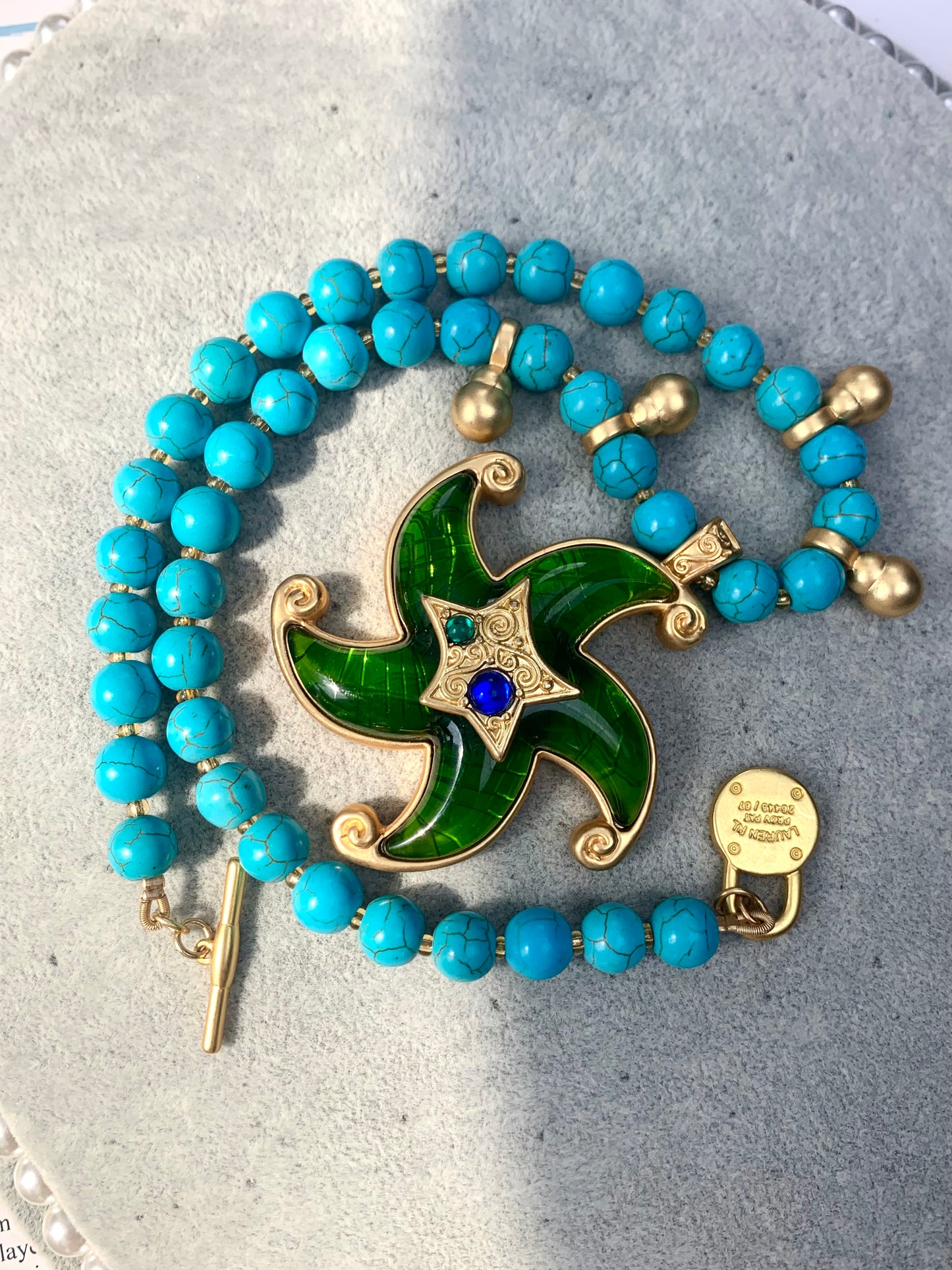 Vintage Heavy Craft Gold-Plated Brass Turquoise Beaded Necklace with Green Glass Starfish Pendant