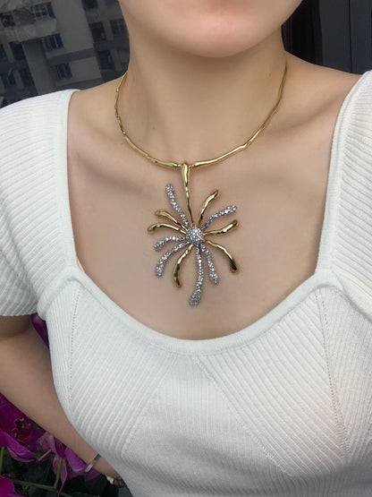 Vintage Sunflower Choker Necklace, Fully Set with Crystals - Daring Enamel Art