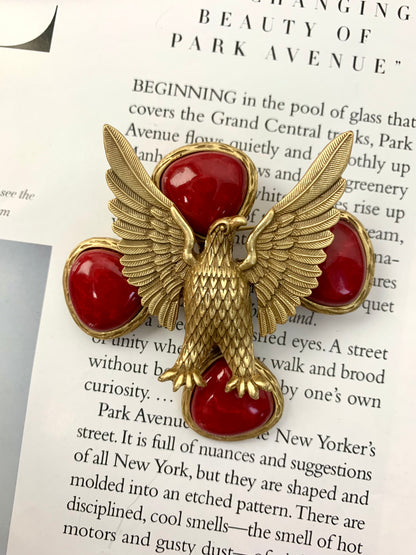 Vintage Heavy Craft Gold-Plated Brass 3D Carved Eagle Brooch with Red Glass Inlay