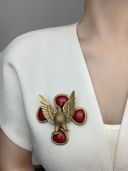 Vintage Heavy Craft Gold-Plated Brass 3D Carved Eagle Brooch with Red Glass Inlay