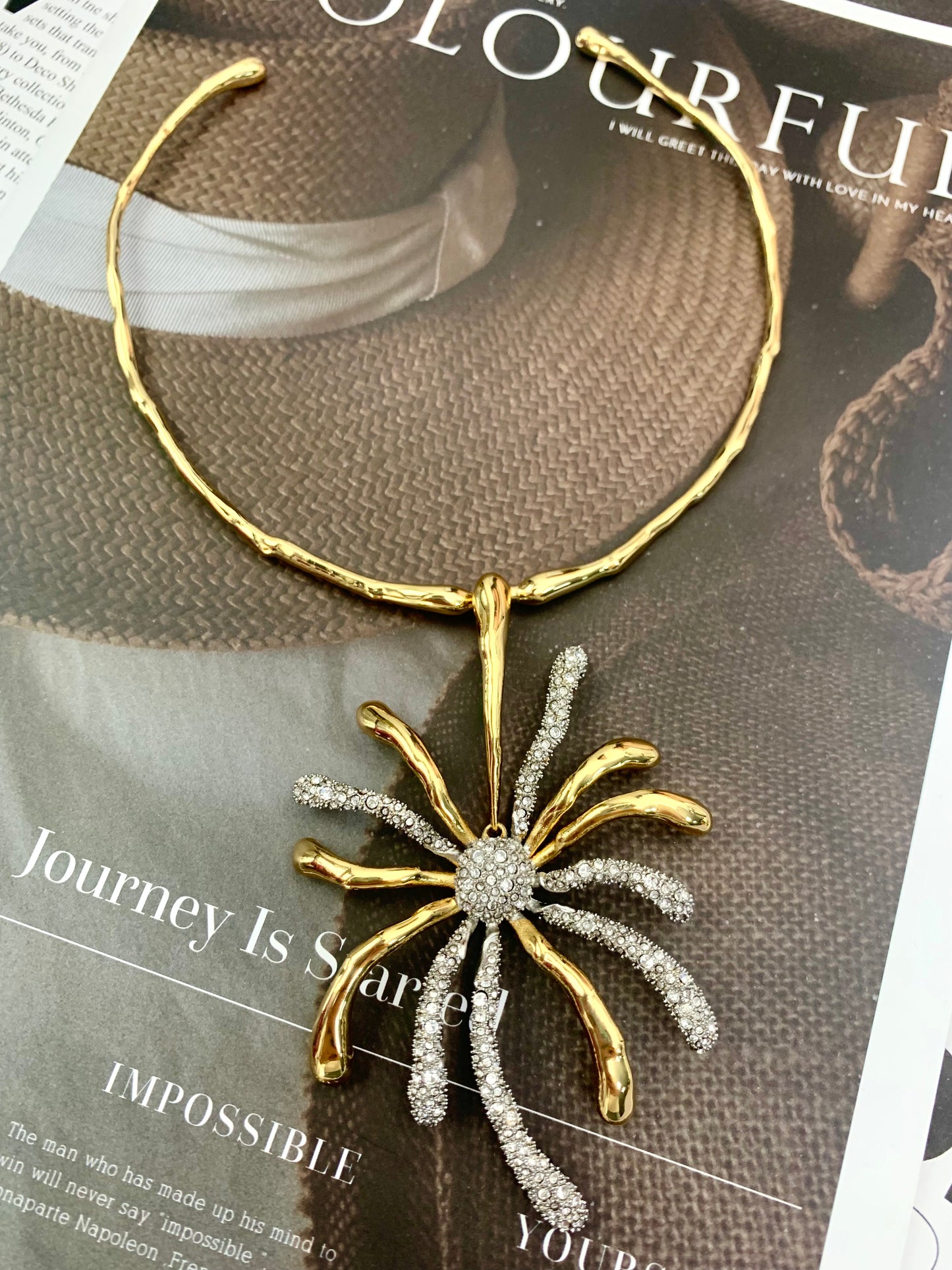 Vintage Sunflower Choker Necklace, Fully Set with Crystals - Daring Enamel Art