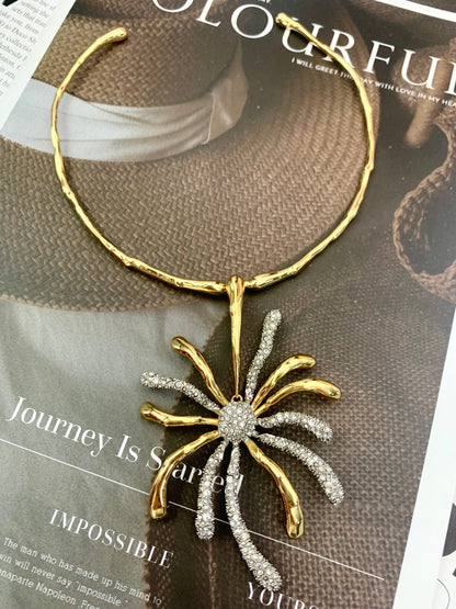 Vintage Sunflower Choker Necklace, Fully Set with Crystals - Daring Enamel Art